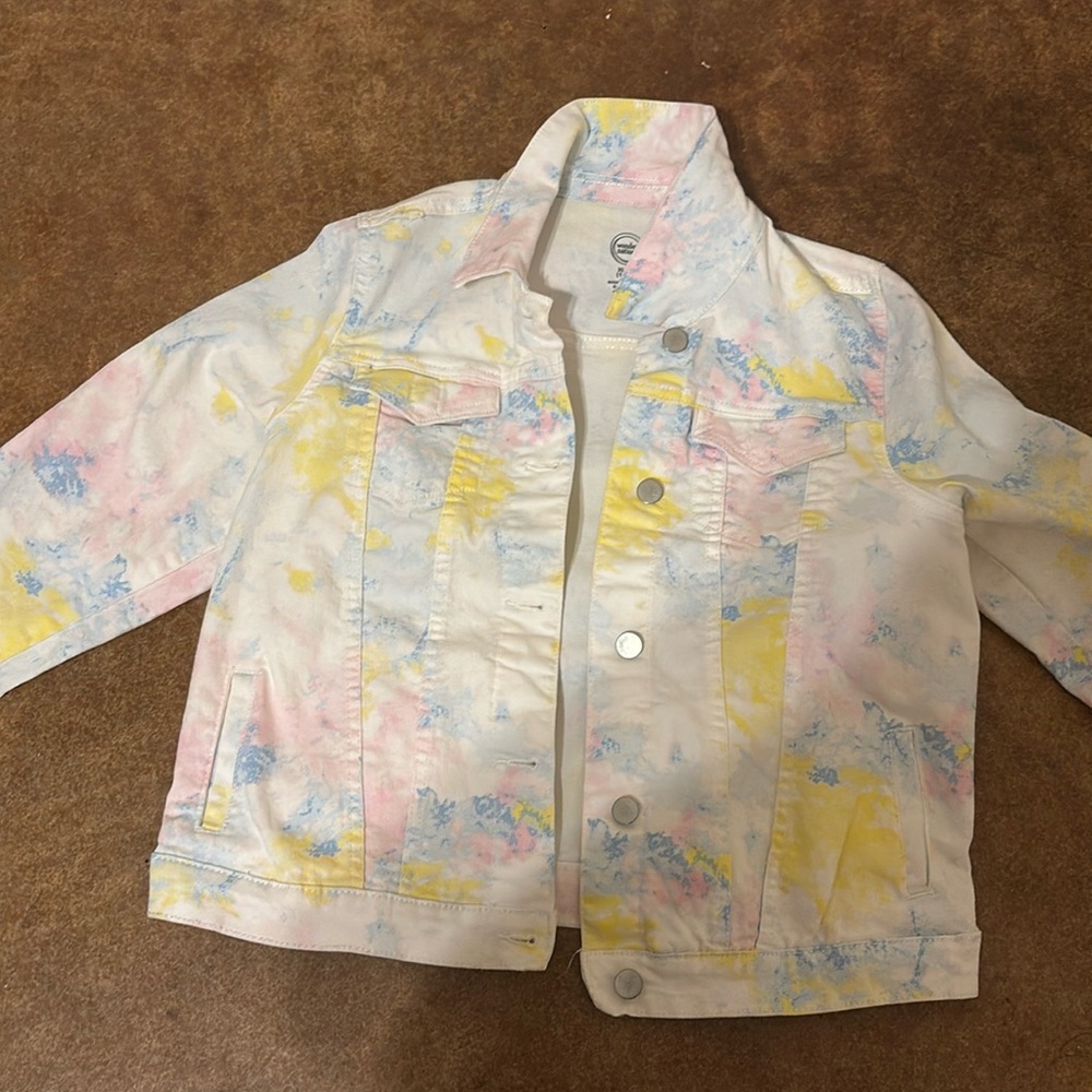 tie dye white jean jacket “